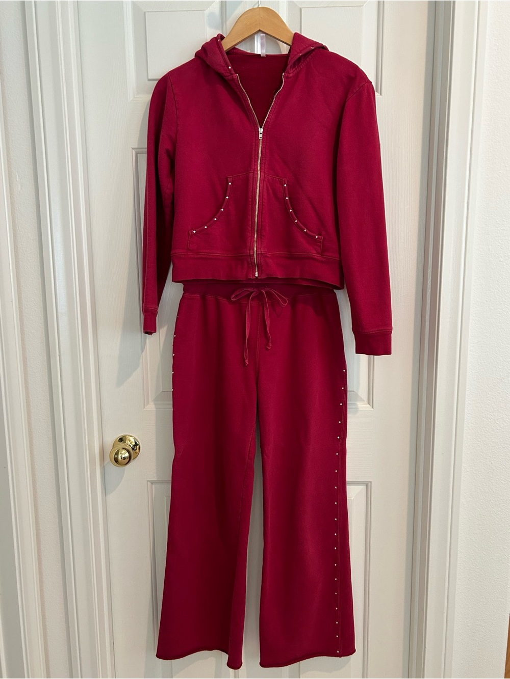 Allen Allen 2-Piece 100% Cotton Sweatsuit Set Hoodie/Pants Studded Dark Red SM